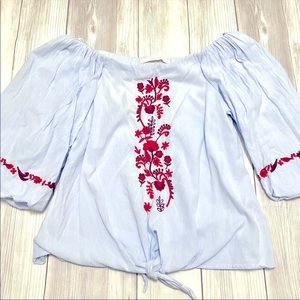 Zara embroidery Blue women’s off shoulder top
